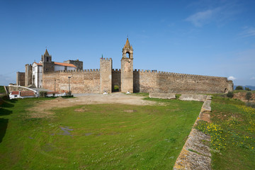 Fototapeta na wymiar Mourao castle facade entrance with tower in Alentejo, Portugal