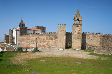 Fototapeta na wymiar Mourao castle facade entrance with tower in Alentejo, Portugal