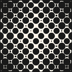 Vector halftone pattern. Geometric seamless texture with morphing shapes, circles, squares, dots. Radial gradient transition effect. Abstract black and white background. Repeat design for decor, web