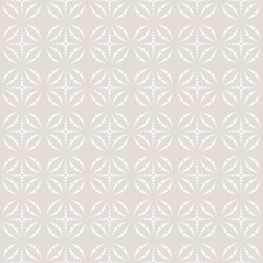 Subtle minimalist seamless pattern. Simple geometric texture with dotted shapes, sparkles, delicate grid, lattice. Subtle vector white and beige background. Abstract minimal repeat design for decor