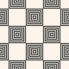 Vector geometric seamless pattern with staggered squares, lines, stripes. Abstract black and white checkered texture. Minimal monochrome background. Repeat design for decor, fabric, carpet, wrapping