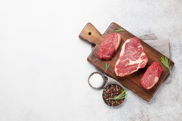 Variety of fresh raw beef steaks