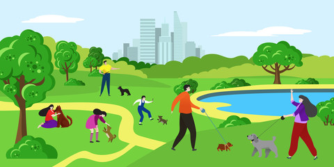 People with pet dog in park vector illustration. Cartoon flat happy woman man pet owner characters walk, child play with dog puppy together, training own animal. Family activity in green city park