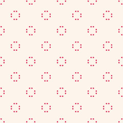 Simple minimalist geometric texture. Seamless pattern with small elements, tiny flower shapes. Vector abstract background in red and beige colors. Subtle ornate design for decor, wallpaper, gift paper