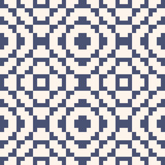 Fototapeta premium Vector geometric traditional folklore ornament. Fair isle seamless pattern. Tribal ethnic motif. Ornamental texture with squares, crosses, embroidery, knitting. Blue and white repeatable background