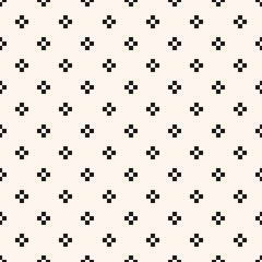 Vector minimalist floral geometric seamless pattern. Simple black and white texture with small crosses, squares, flower silhouettes. Pixel art background. Subtle monochrome minimal repeatable design
