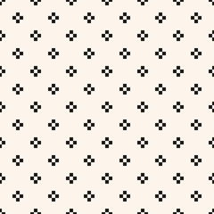 Vector minimalist floral geometric seamless pattern. Simple black and white texture with small crosses, squares, flower silhouettes. Pixel art background. Subtle monochrome minimal repeatable design