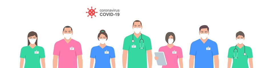 Fototapeta premium Doctors in white medical face mask. Set Doctors and nurse in protection masks. Health Care and Safety. Coronavirus COVID-19 virus. Flat Style