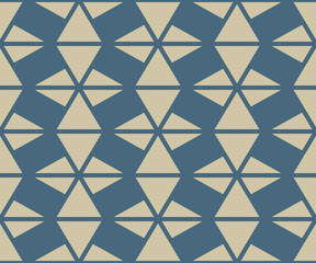Golden geometric triangles seamless pattern. Elegant gold and blue background texture. Vector abstract ornament with triangular shapes, grid, net, lattice, mesh. Repeat design for decor, carpet, print