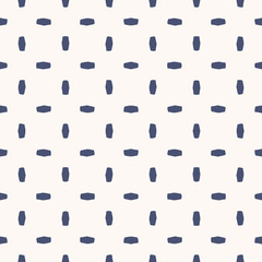 Vector minimalist geometric seamless pattern. Navy blue and white abstract texture with small scattered ovate shapes, polka dots, crosses. Modern minimal background. Repeat design for decor, wrapping