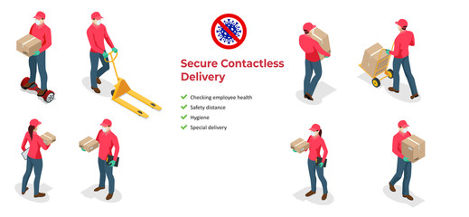 Isometric icons of delivery man and woman or courier in a medical mask and gloves delivering food to customer at home. Online purchases during a quarantine. Contactless or to the door delivery.