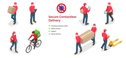 Isometric icons of delivery man and woman or courier in a medical mask and gloves delivering food to customer at home. Online purchases during a quarantine. Contactless or to the door delivery.