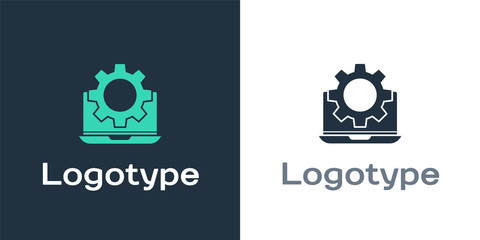 Logotype Laptop and gear icon isolated on white background. Adjusting app, setting options, maintenance, repair, fixing. Logo design template element. Vector Illustration