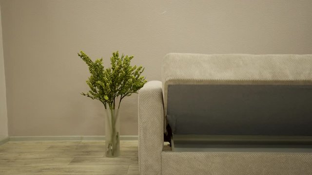 White textile sofa with design chair and decorative plaid transforms into a bed