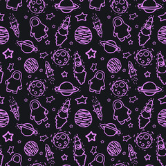 Space, cosmos flat linear hand drawn seamless pattern. Vector cartoon illustration. Stars, rockets, planets, astronauts. Pink lines on the dark background. Childish wallpaper, textile, texture design.