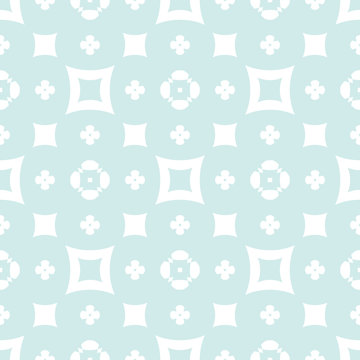 Subtle floral seamless texture. Vintage geometric pattern with small flower silhouettes, squares. Vector abstract background in light blue and white color. Elegant minimalist ornament. Subtle design