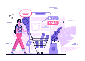 Online Shopping With Smartphone. Shopping Concept For Your Business Project. White Woman Is Buying Gifts Online. Online Store Vector Illustration