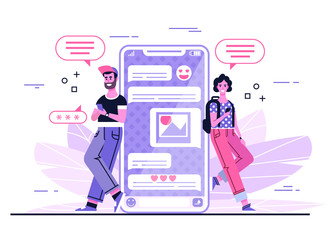 Pretty woman is standing and chatting with handsome man with huge phone. Virtual relationship. Chat bubble. Modern vector illustration.