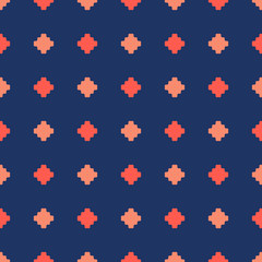 Vector floral geometric seamless pattern. Simple minimalist ornament with small flower shapes, crosses, dots. Colorful minimal background. Elegant abstract texture. Dark blue, coral and orange color