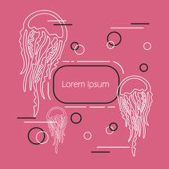 Vector template with linear set jellyfish, frame, place for text. Memphis style.