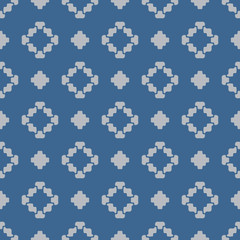 Fototapeta na wymiar Vector floral geometric seamless pattern. Simple ornament with abstract flower silhouettes, curved shapes, crosses. Elegant minimal background. Modern blue and gray texture. Repeat decorative design