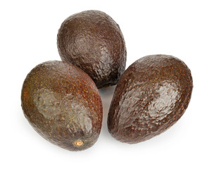 Three avocados on white background