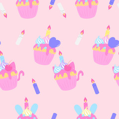 パステルカップケーキ　シームレスパターン　ピンク