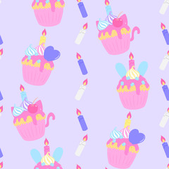パステルカップケーキ　シームレスパターン　紫