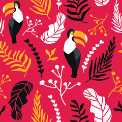 Vector seamless pattern with tropical leaves and toucan on pink background.