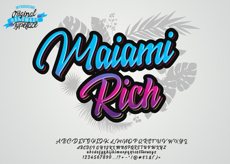 Maiami Rich. Hand made script font. Vacation summer time. Waikiki beach. Vector illustration. Retro typeface and logo. Summer style.