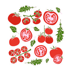 Vector vegetables set with tomatoes. Red tomatoes with green leaves on a branch on the white background. Cartoon style. Vegan set. For menu design, books. All elements are isolated. Healthy food.