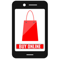 Smart phone with shopping bag and buy on-line button on the screen isolated on white background.
