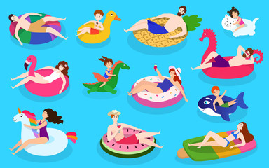 People swim pool colorful rubber rings, vector illustration, set of characters isolated on blue. Men, women and kids relax with funny rubber swimming rings with flamingo, unicorn, flat style.