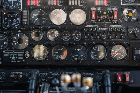 Parts of the cargo plane AN-26. Control panel in the cockpit