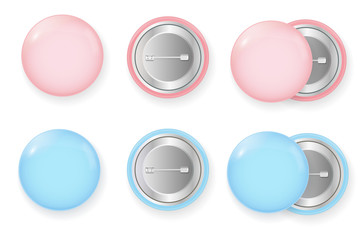 Blank light blue and pink glossy badge or button. 3d render. Round plastic pin. Vector