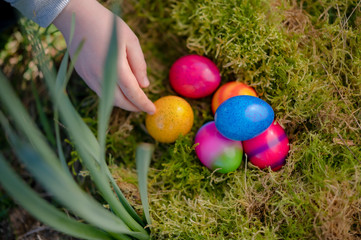 Kinderhand greift nach Ostereier in einem Nest