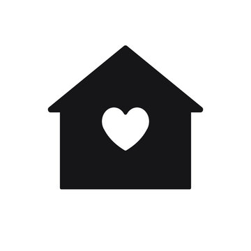 Vector black flat cartoon house silhouette with heart icon isolated on white background