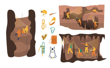 Cave speleology vector illustration. Cartoon flat active speleologist character in adventure, group people climbing, spelunker abseiling with clip equipment. Exploring cave set isolated on white - obrazy, fototapety, plakaty