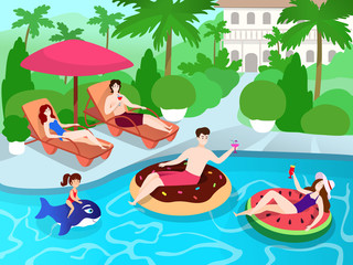 Obraz na płótnie Canvas Swimming pool party for family and friends at luxury villa resort, summer vacation vector illustration. Happy people spend time together, enjoy summertime leisure and drink cocktails in swimming pool