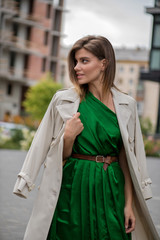 smiling girl walking in the street city 