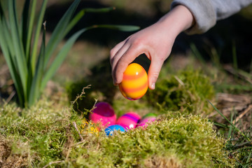 Kinderhand greift nach Ostereier in einem Nest