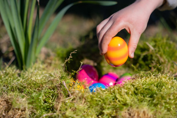 Kinderhand greift nach Ostereier in einem Nest