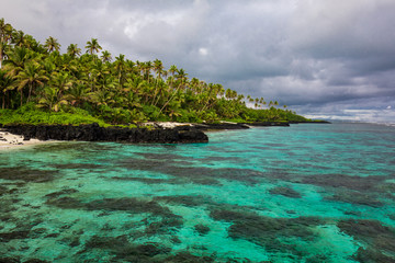 Tropical beach on south side of Samoa Island with coconut palm trees