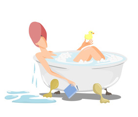 A young woman with a towel on her head is sitting in a bathtub with a book in one hand and a rubber duck in the other. The concept of relaxation, leisure and self-care. Flat vector illustration.