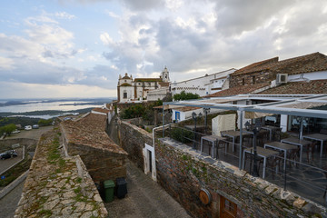 Monsaraz village street with white houses in Alentejo, Portugal