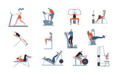 Exercise machines for gym, vector illustration. People training at fitness club, do sports using sports equipment, bodybuilding and workout, flat style. Set of characters isolated on white.