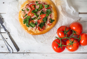 Tomatoes and pizza on a light background