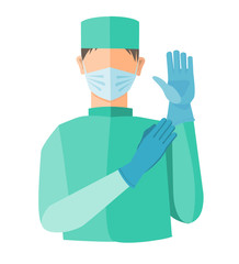 Flat vector illustration of a surgeon in the mask putting on medical gloves isolated on a white background