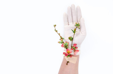 pink flower adhesive tape hand medical covid 19 glove patch white background