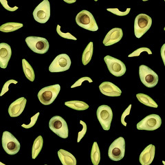 Watercolor avocado seamless pattern. Endless pattern with hand drawn avocado. Healthy food pattern. Vegetarian food watercolor background. 
